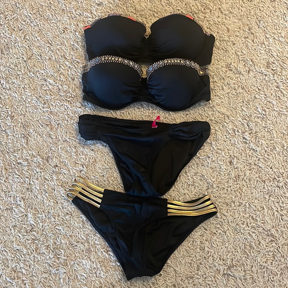 Victoria’s Secret Black Embellished Bikini Bundle Tops: 34 D Bottoms: Small